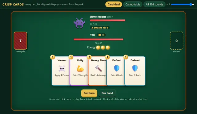 The Crisp Cards playable web demo: a small deckbuilder duel where every card and hit plays a sound from the pack