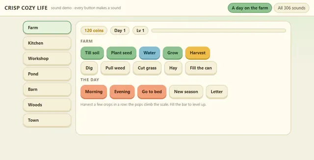 The Crisp Cozy Life web demo, which plays every sound in the browser
