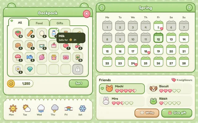 A backpack, calendar, weather row and friends list built with Crisp Cute in the Matcha theme
