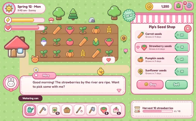 A mock farming game screen built with Crisp Cute: day and weather plate, energy and health bars, dialogue box, hotbar and seed shop window