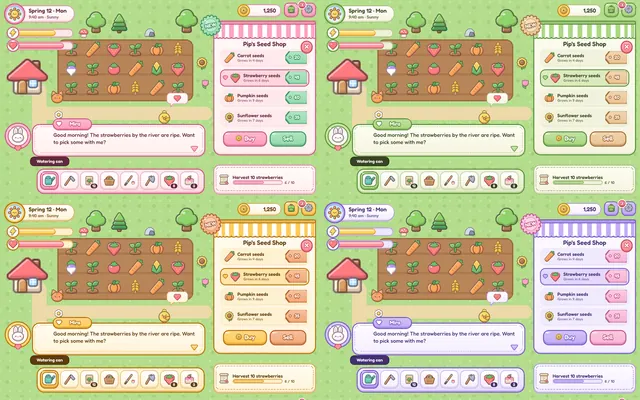 The same farm screen in each of the 6 Crisp Cute themes