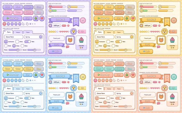 Crisp Cute widgets (buttons, tabs, inputs, toggles, bars, banners and badges) in four of the themes