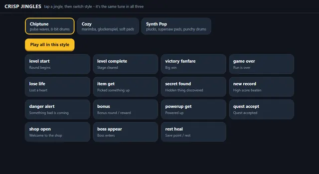 The Crisp Jingles web demo, where each jingle can be played in the browser