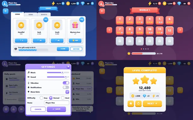 Mock game screens built with Crisp Kit