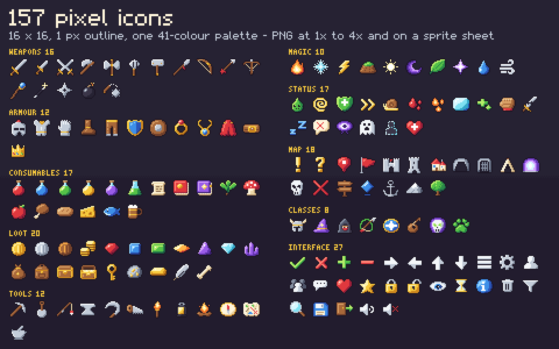 The 157 colour icons included in Crisp Pixel