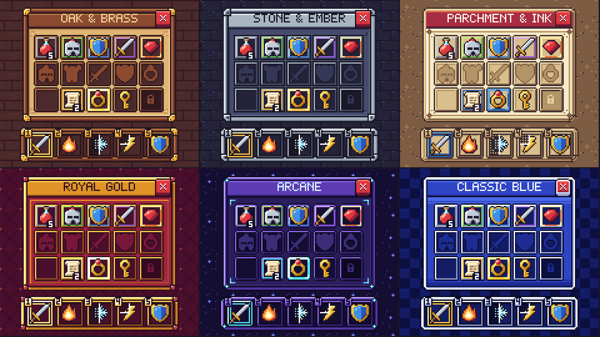 Inventory, equipment slots and hotbar in the Crisp Pixel themes
