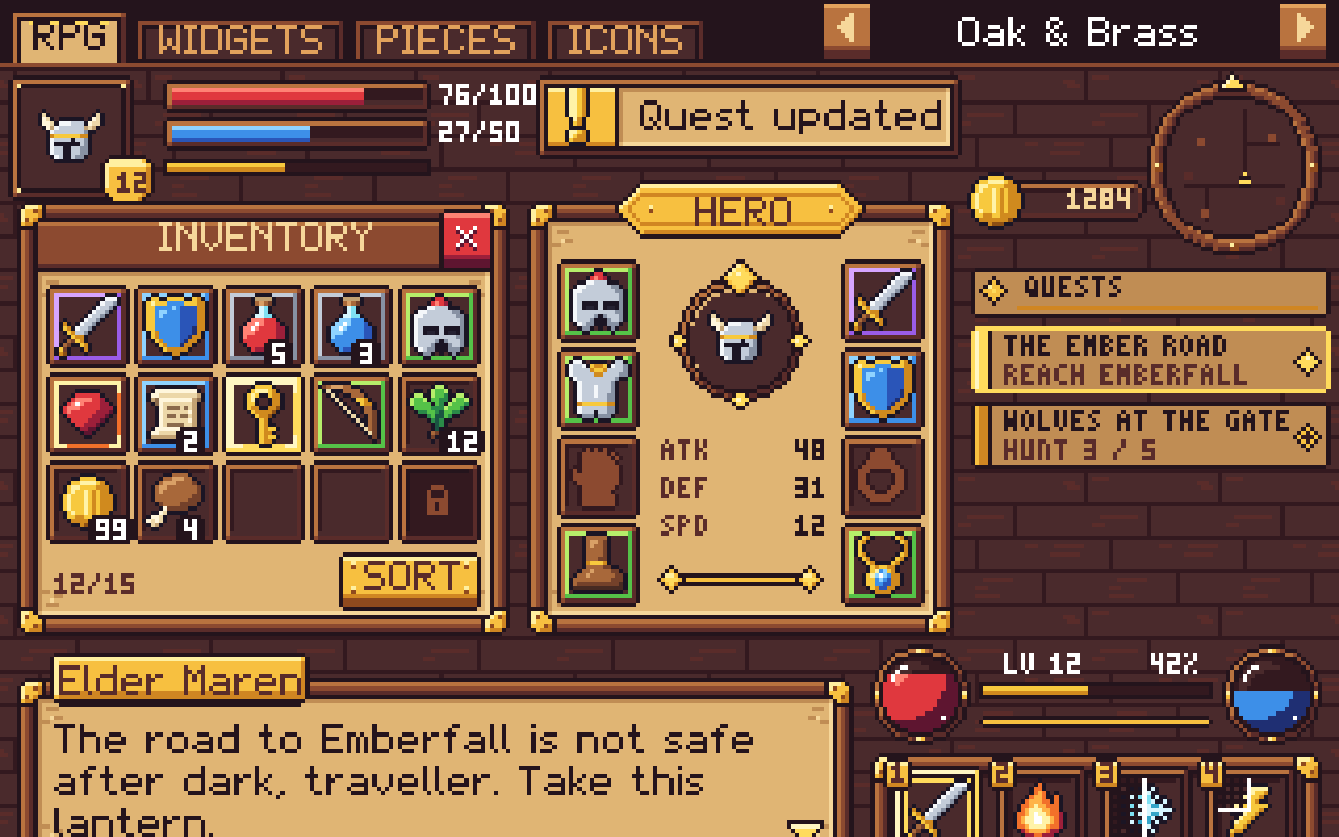 A mock RPG screen built with Crisp Pixel: inventory, equipment, dialogue box, hotbar and quest tracker