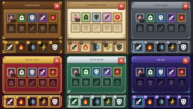 Inventory, equipment slots and hotbar in each of the six Crisp Quest themes