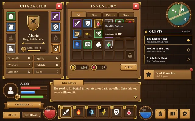 A mock RPG screen built with Crisp Quest: inventory, character sheet, dialogue box, hotbar and quest tracker
