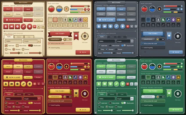 Crisp Quest widgets (buttons, bars, sliders and inputs) shown in several themes