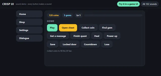 The Crisp UI playable web demo: a mock game menu where every control plays a sound from the pack